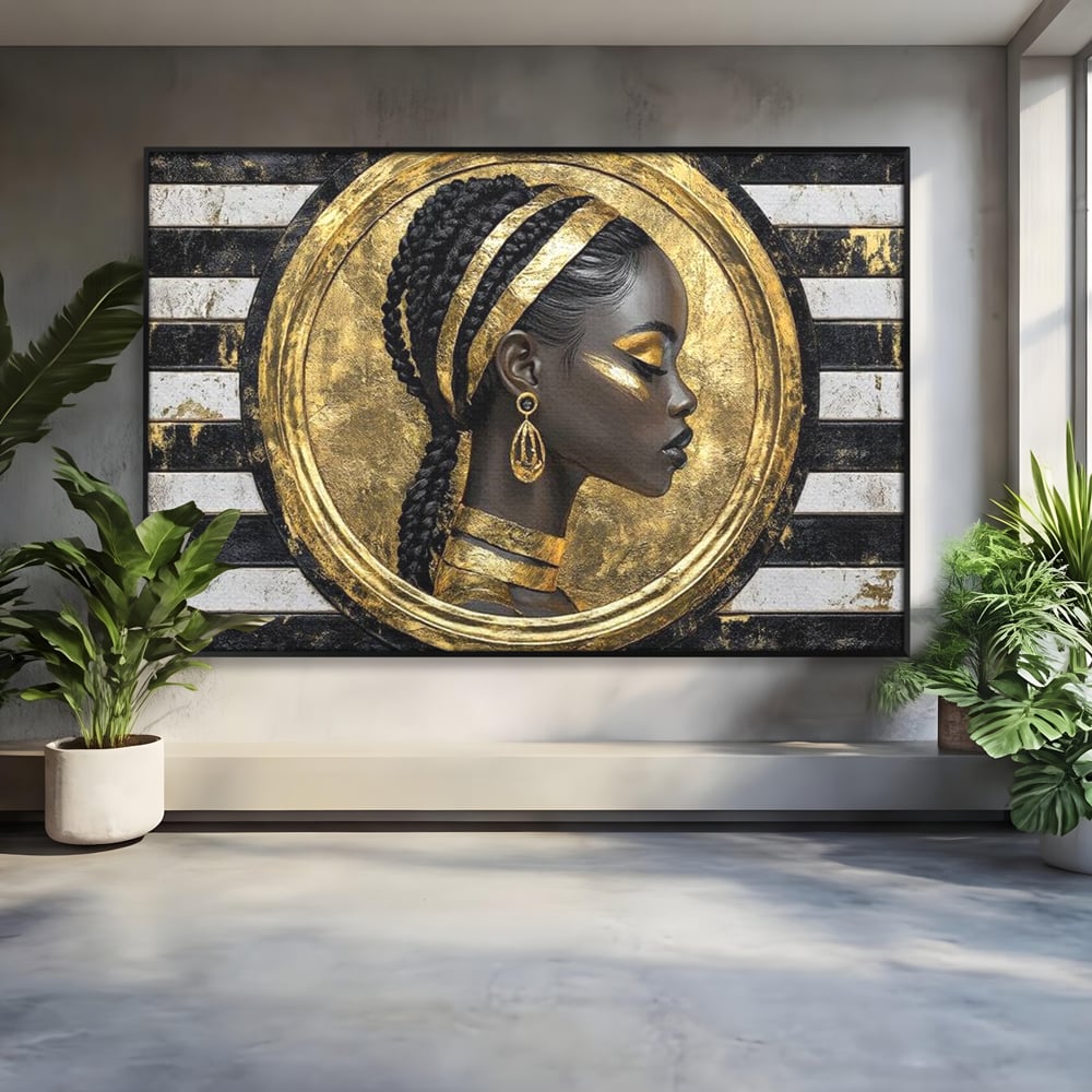 Tablou canvas cu tablou canvas cu portret afro, in rama de aluminiu negru